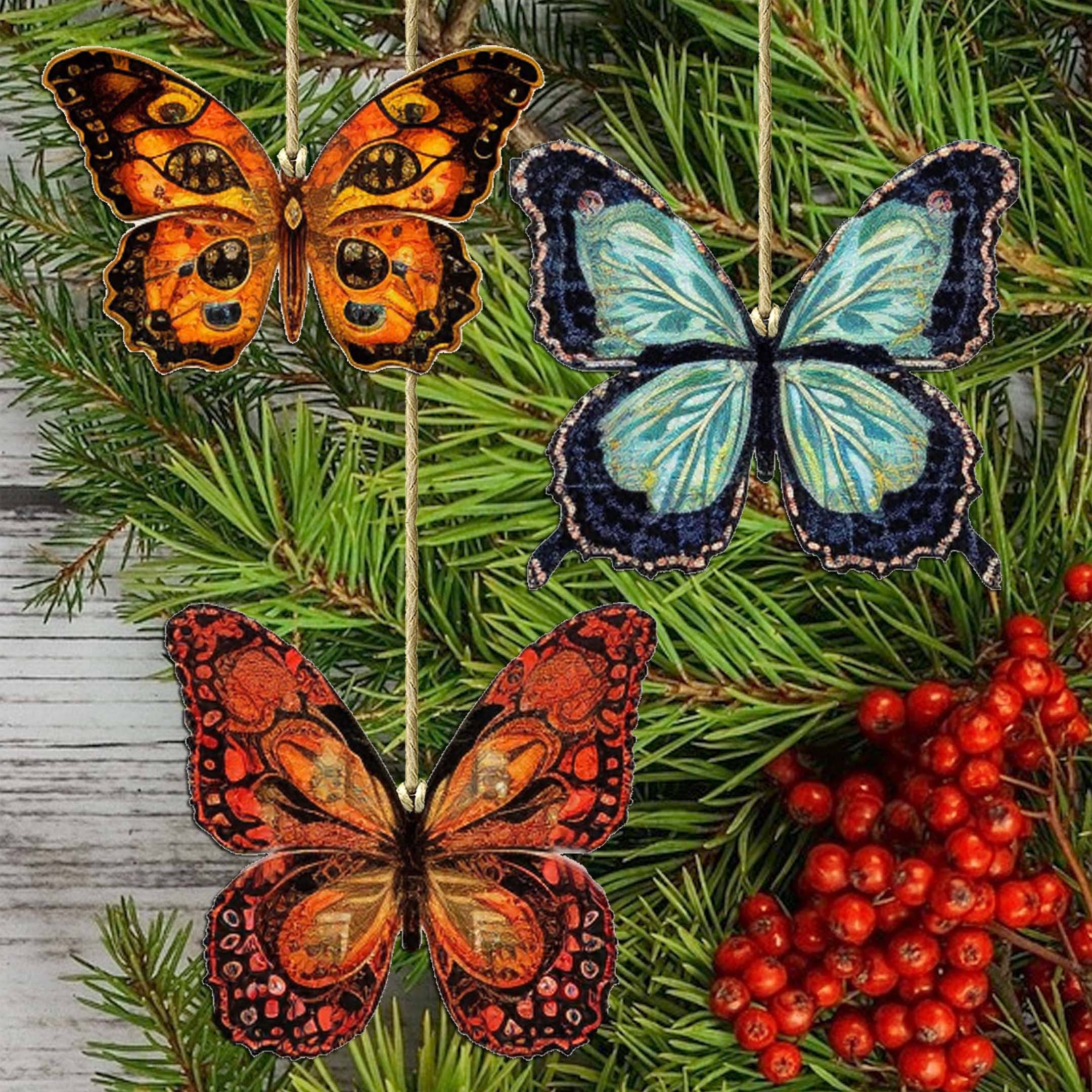 Designocracy - Wholesale Ornament Set - Summer Butterfly Ornaments | Set of 3 | Handcrafted Eco Wood2