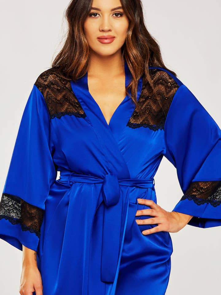 Tess Plus Size Stretch Satin Long Robe with Lace for wholesale by iCollection