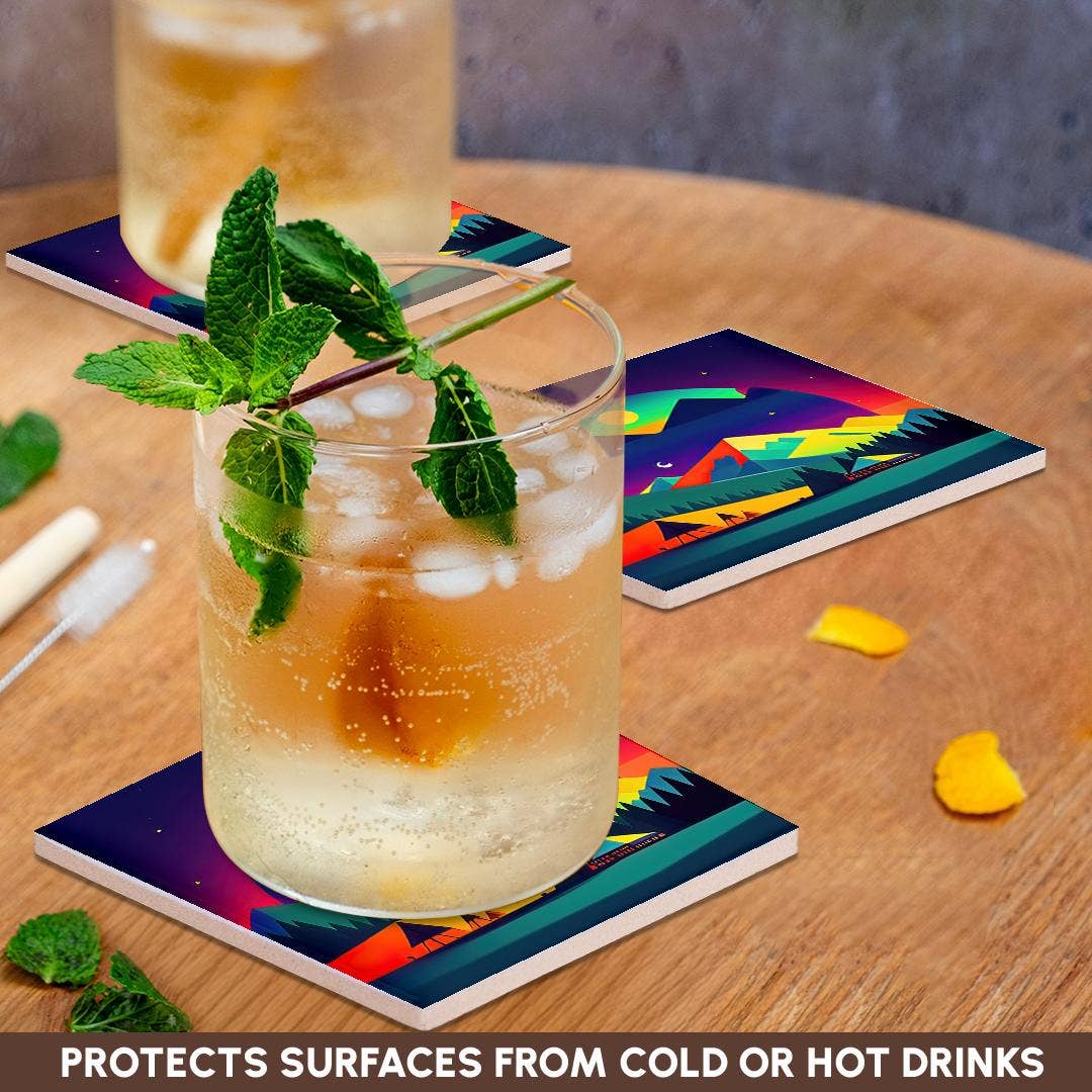 3dRose - Vente Sous-verre - 3dRose, Paysage fantastique décoratif de tentes, montagnes. Cadeau pour campeur heureux, Dessous de verre2