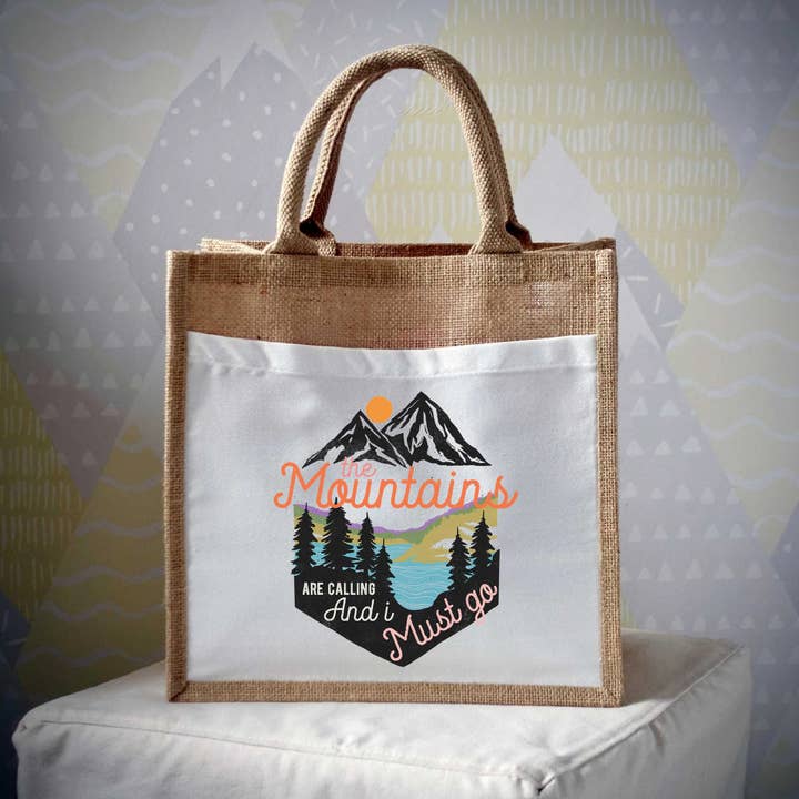 The Mountains Are Calling Jute Adventure Shopping Bag for wholesale by EllieBeanPrints