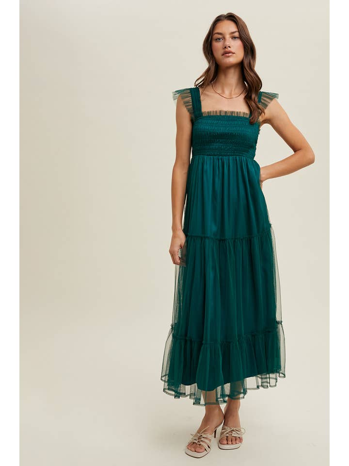 T GREEN ORGANZA TIERED MIDI DRESS / WL24-9372 for wholesale on Faire