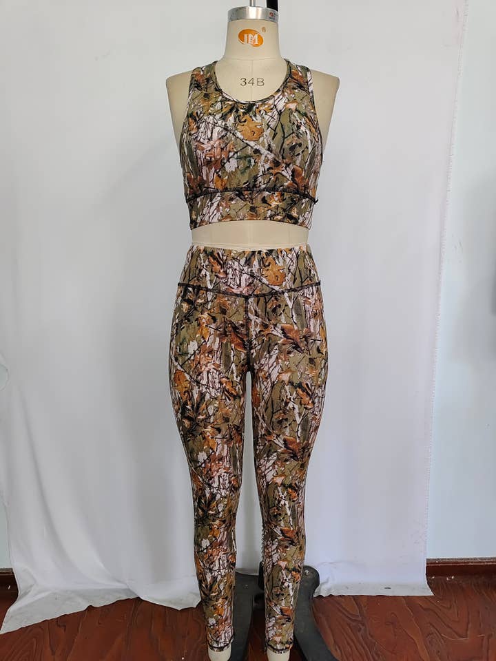 Aier Wholesale - Wholesale Activewear Set - Women's - Adult Women Camo Leaves Vest Top Pants Yogo Sports Clothes Sets
