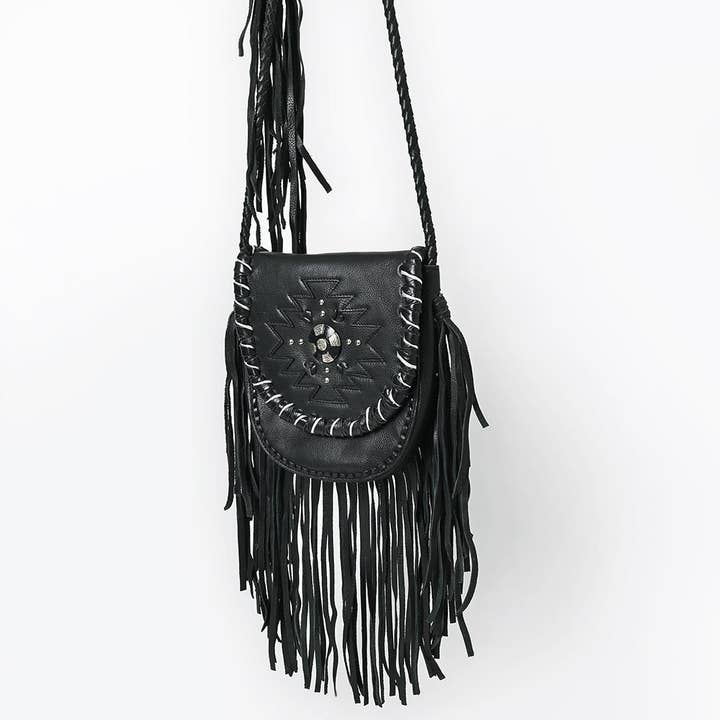 ADBGM635 Western Fringe Crossbody - Black Leather Bag with Tribal Stitch, Concho, and Whipstitch Detail for wholesale by LS Western