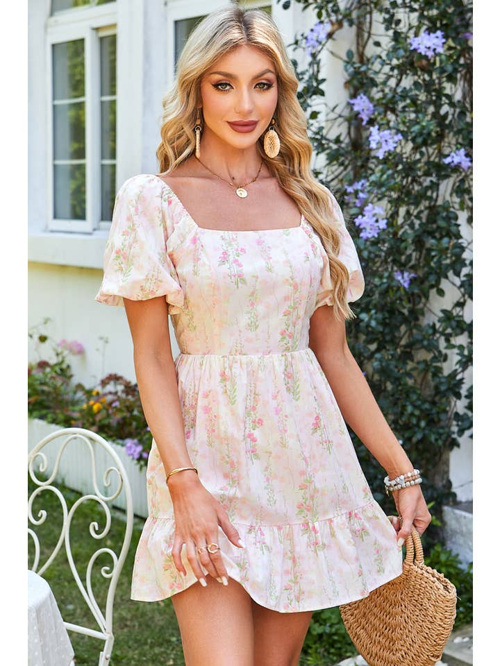 Pink Floral Puff Sleeve Square Neck Knot Open Back Mini Dress for wholesale on Faire