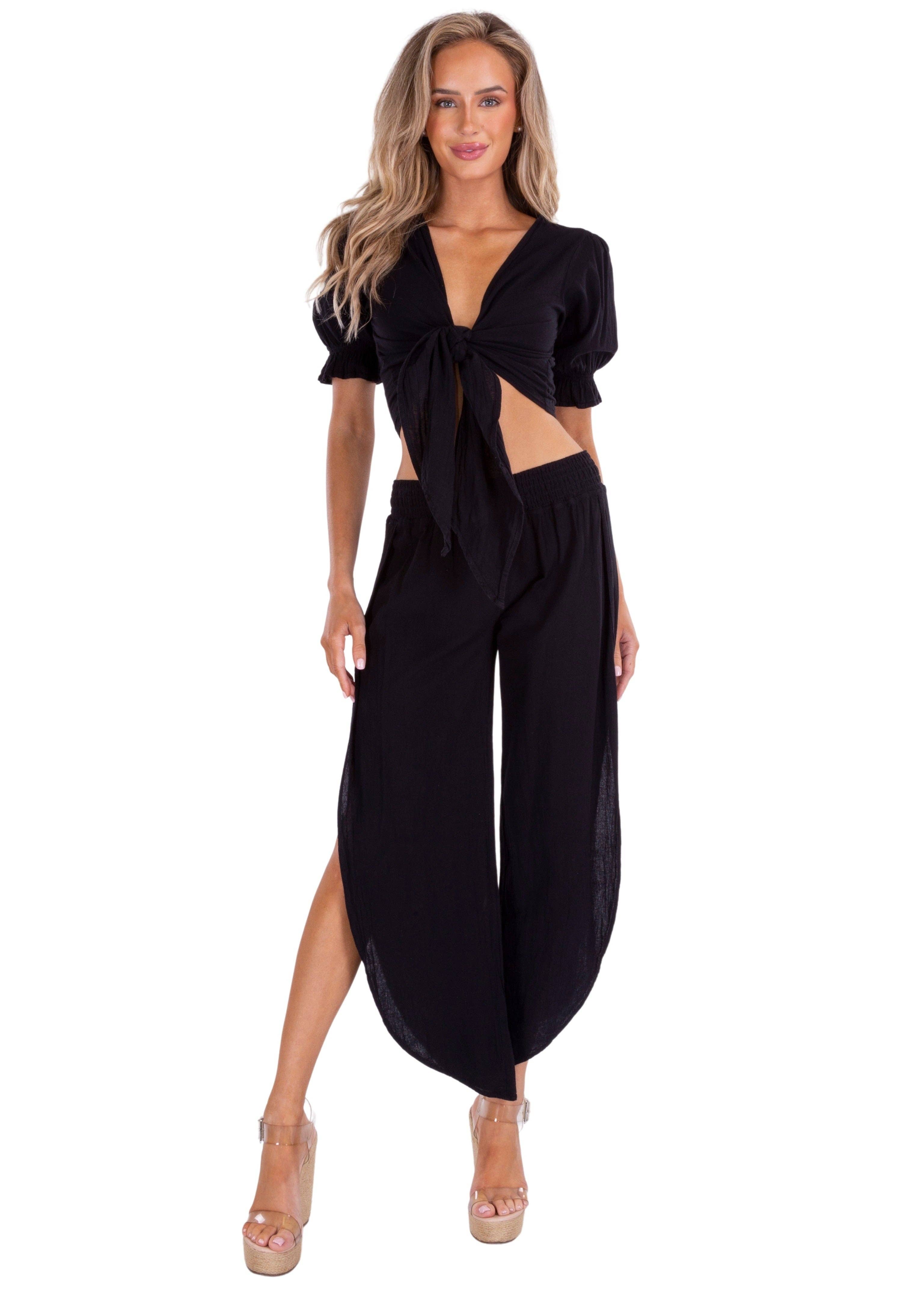 Tie-Front Puff Sleeve Cotton Crop Top – Black for wholesale on Faire3