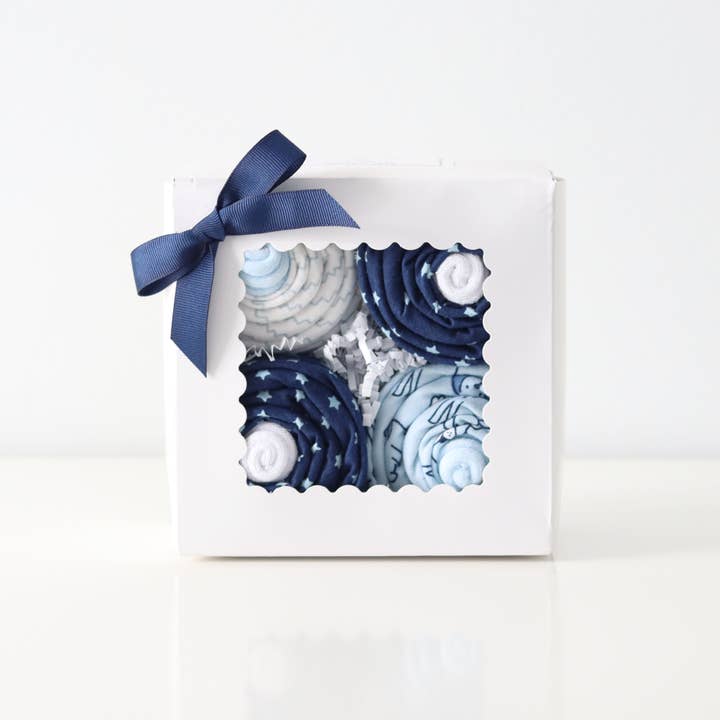 Baby Blossom Company - Wholesale New Mom Gift Box/Set - Baby Boy Receiving Blanket & Sock Cupcake Gift Set1