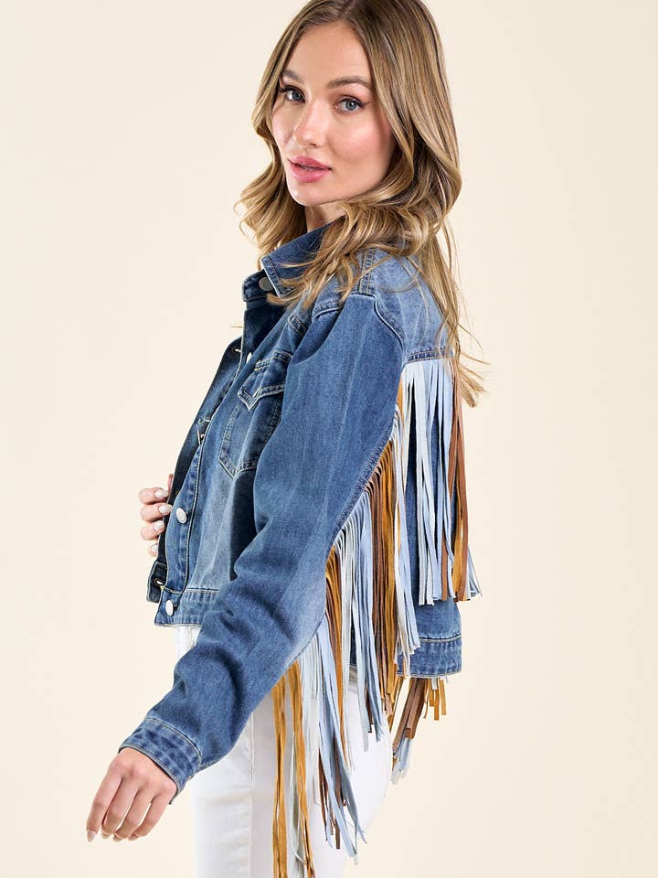 Saints & Hearts - Wholesale Denim Jacket - Women's - SIJ5246A DENIM MULTI COLOR SUEDE FRINGE DENIM JACKET