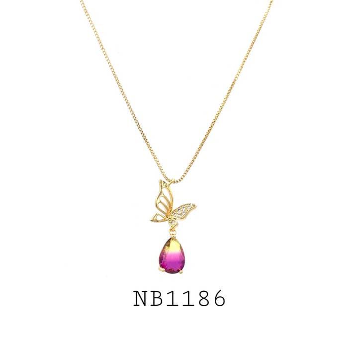 Gradient Cubic Zirconia Butterfly Brass Necklace for wholesale by Nisso & Co. NYC Jewelry Wholesale