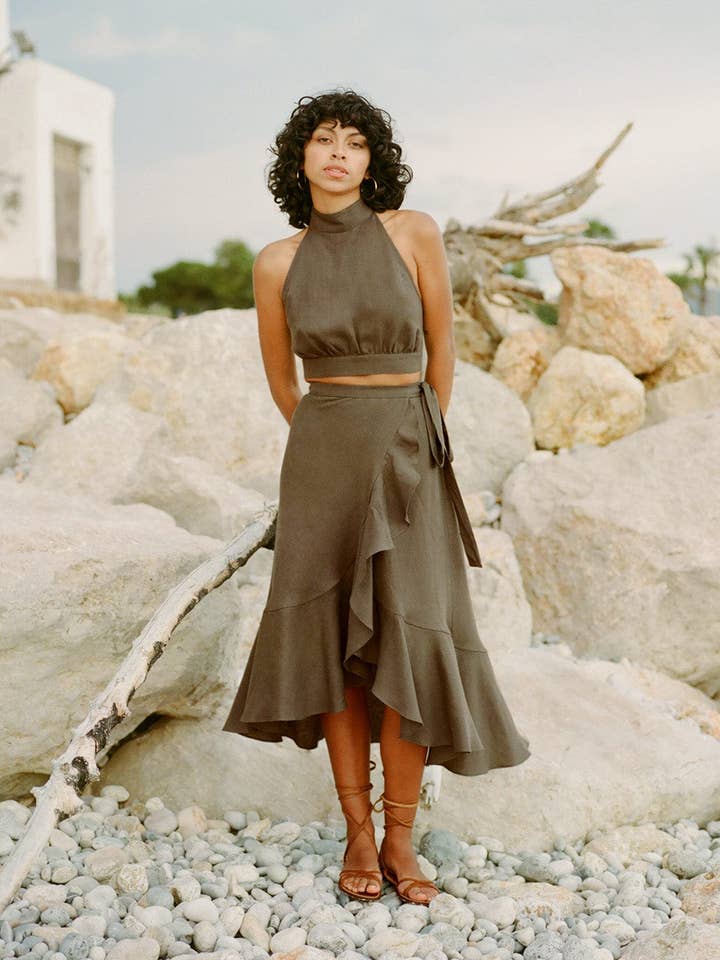 The Catalina Linen Wrap Skirt in mocha for wholesale by arkitaip