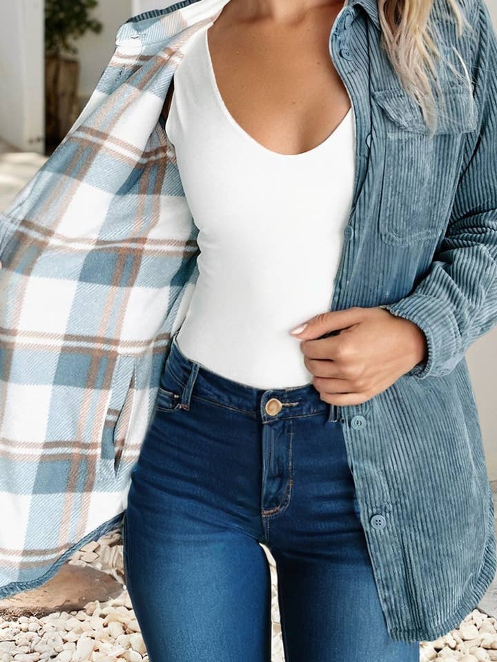 LDC Plaid Corduroy Reversible Button Up Shacket for wholesale by Little Daisy Closet