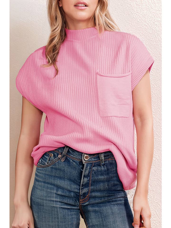 66DISCO - Wholesale Knit Sweater - Women's - Patch Pocket Ribbed Knit Short Sleeve Sweater – Spring/Fall6