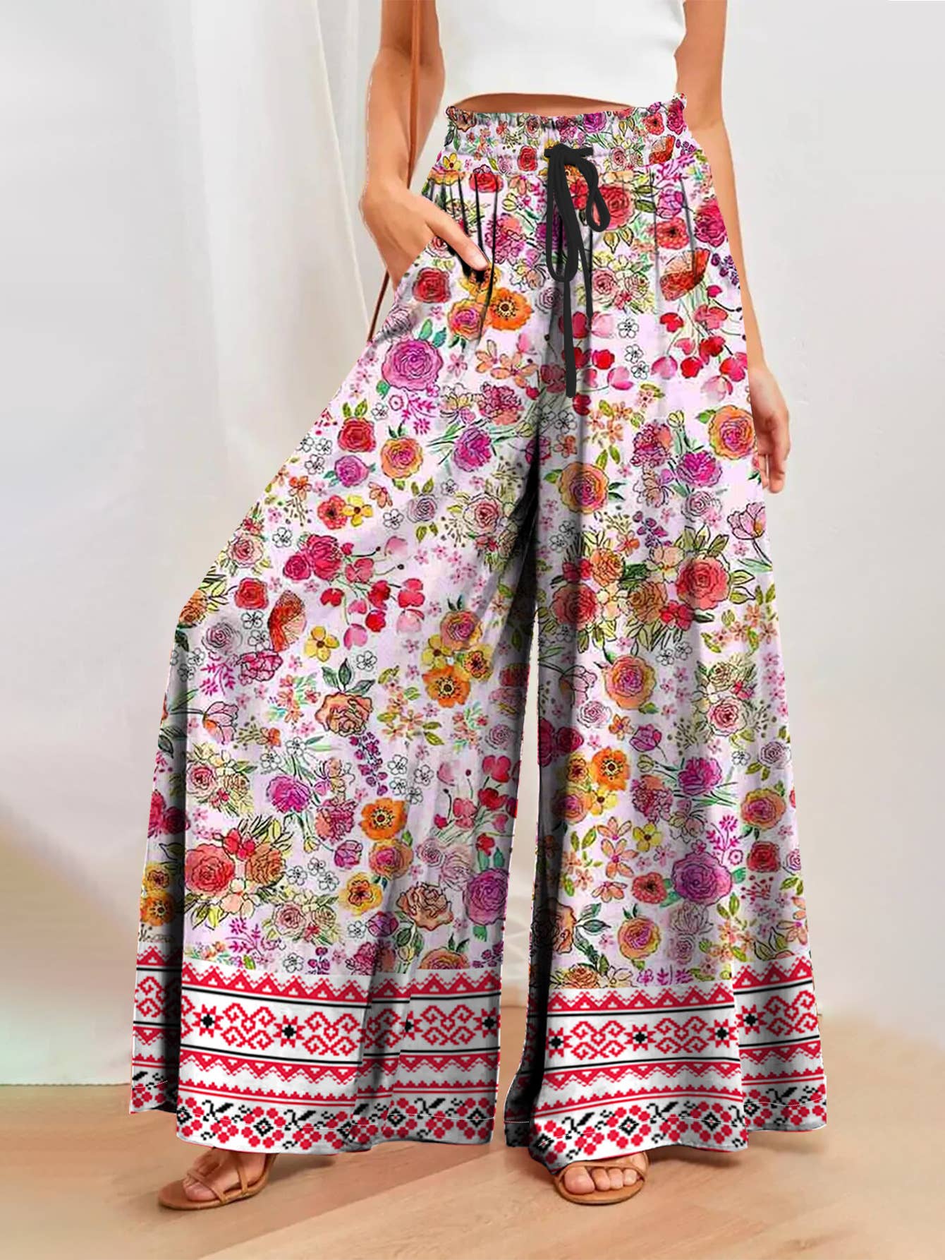 Drawstring Ethnic Pattern Floral Wide-Leg Pants for wholesale on Faire2