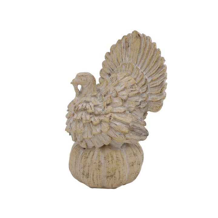 Resin Turkey on Pumpkin Figurine Festive Table Decor for wholesale by Transpac