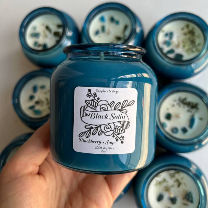 Sapphire & Sage - Wholesale Jar/Filled Candle - Black Satin Crystal Candle