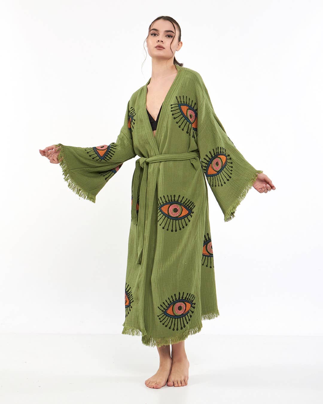 Yaz Concepts - Wholesale Kimono - Women's - Turkish Evil Eye Print Olive Green Robe Festival Kimono Gown12