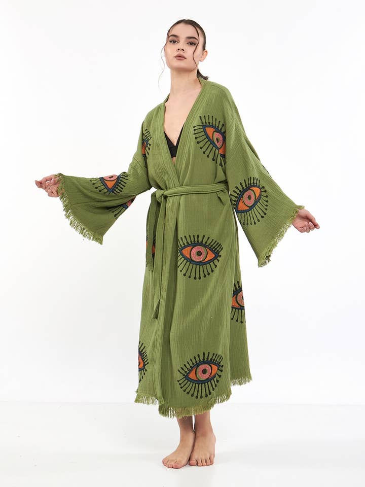 Yaz Concepts - Wholesale Kimono - Women's - Turkish Evil Eye Print Olive Green Robe Festival Kimono Gown12