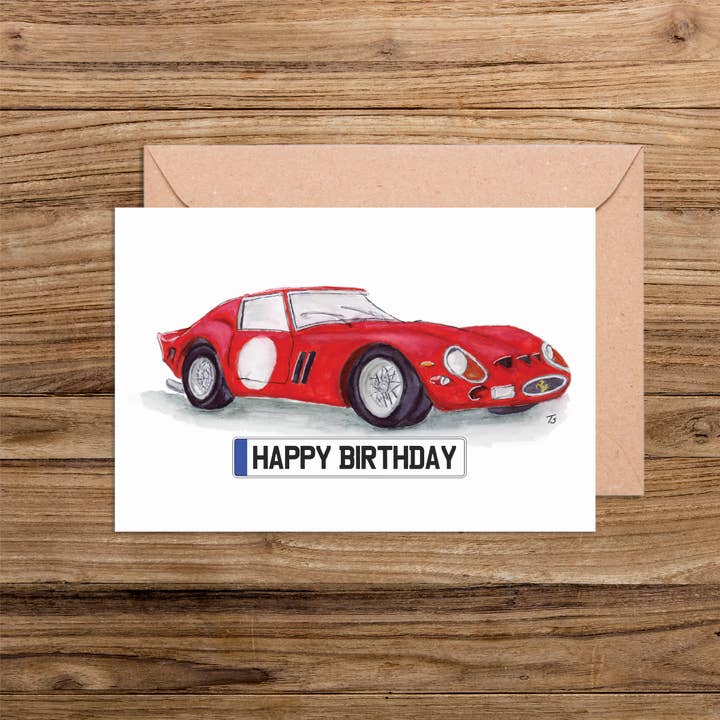 Typhoon Studios – Großhandel Geburtstagskarten – Happy Birthday Nummernschild Ferrari GTO Auto-Karte