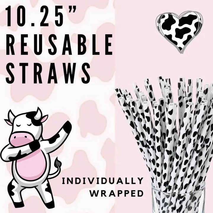 Kims Korner - Wholesale Drinking Straw - Cow Print 10.25" Long Printed Plastic Straws ~ IND WRAPPED