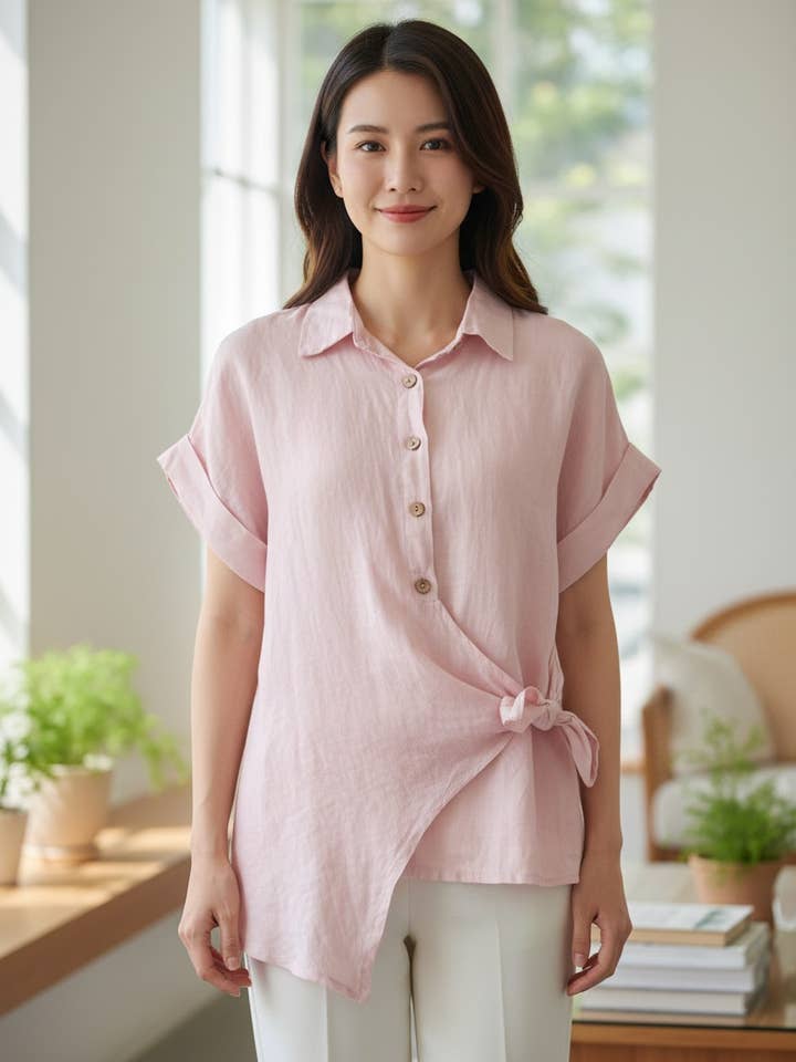 Top camisa em linho com nó lateral 15850 por atacado de Shyloh