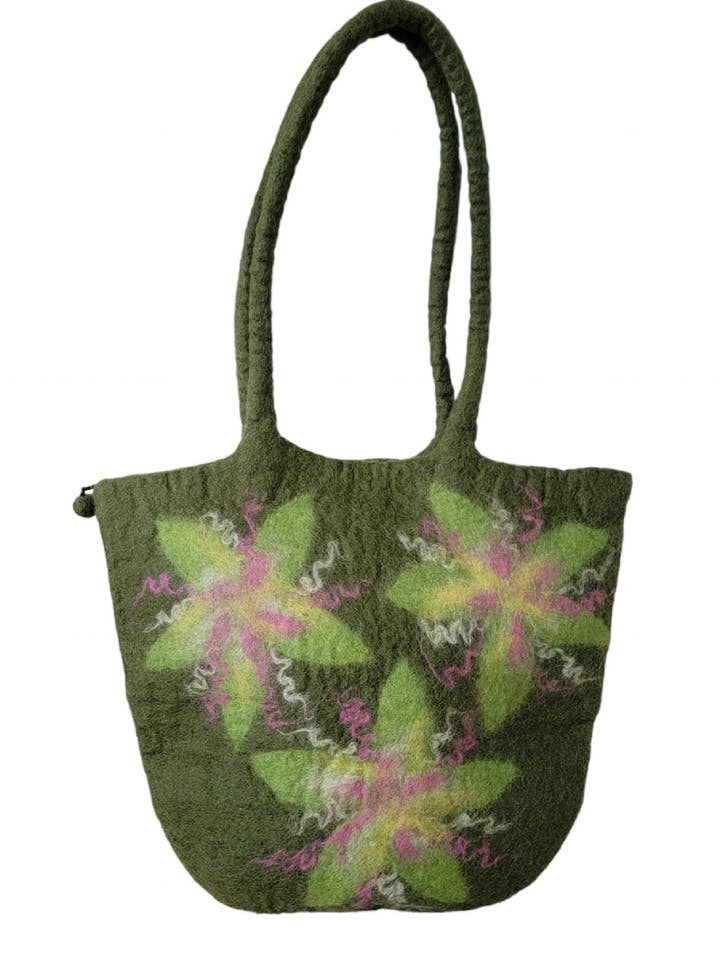 Borsa in feltro di lana BA658 con 3 fiori verde per la vendita all'ingrosso da parte di Evergreen Guardian Imports