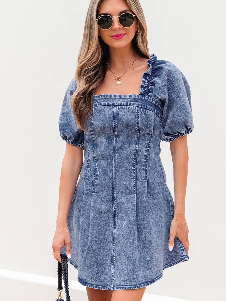 Celia Square Neck Bustier Puff Sleeve Short Denim Dress for wholesale by Threaded Pear