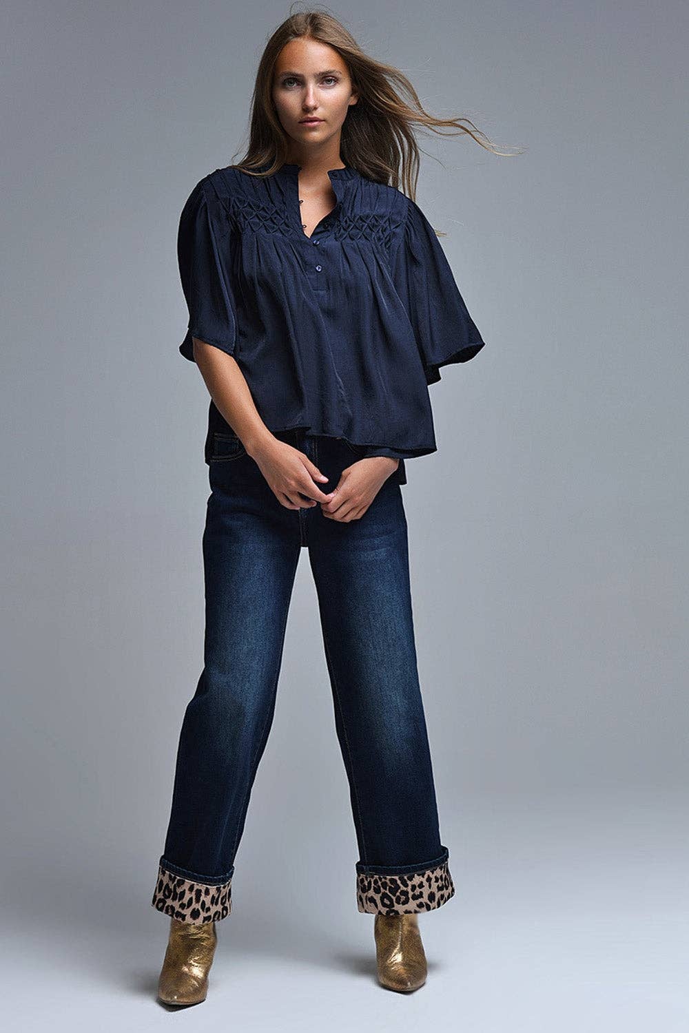 Relaxed Navy boho-style blouse with embroidered details for wholesale on Faire2