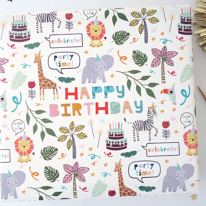 JM Design Studio - Wholesale Flat Wrap - Jungle Party Birthday Wrapping Paper, Gender Neutral