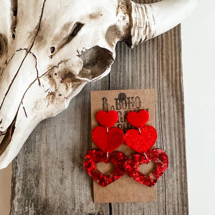 Boho Ranch Shop - Wholesale Stud/Post Earrings - Stacked Red Heart Earrings - Valentines’s Day - Love1