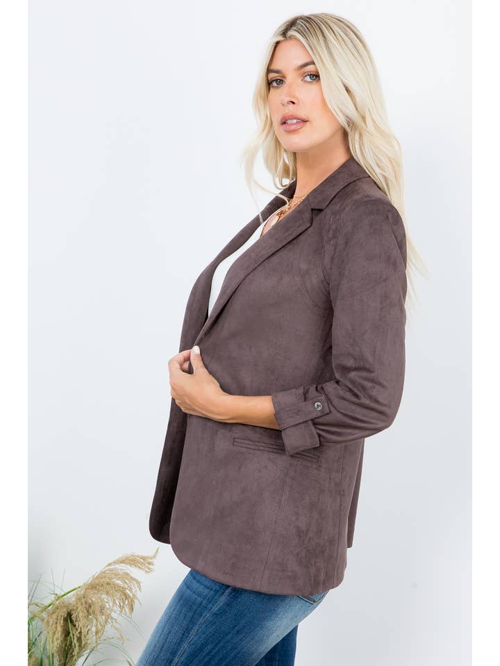 26 International - Wholesale Blazer - Women's - Elegance Open Front Roll Up Suede Blazer