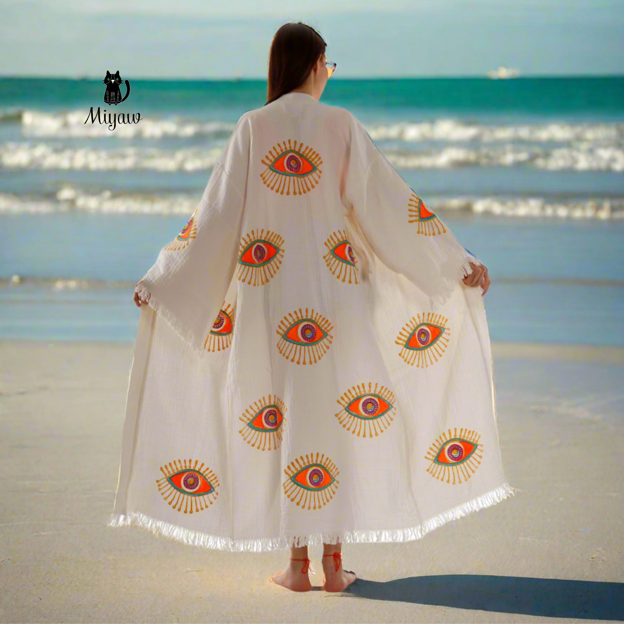 Pure & Chic, LLC - Miyawfashion - Wholesale Kimono - Women's - Wholesale Organic Cotton Duster – Neon Eye Kimono Robe1