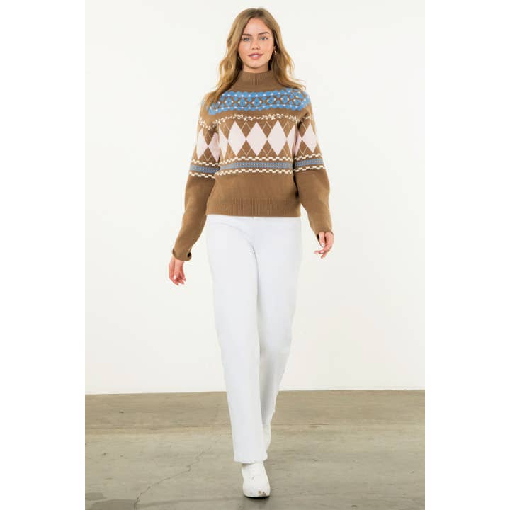 BROWN Argyle Fair Isle Mock Neck Sweater for wholesale on Faire2