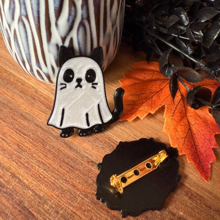 Ghost Cat Brooch – Halloween – Spooky Cute Cat Ghost for wholesale by Uniberry 3D