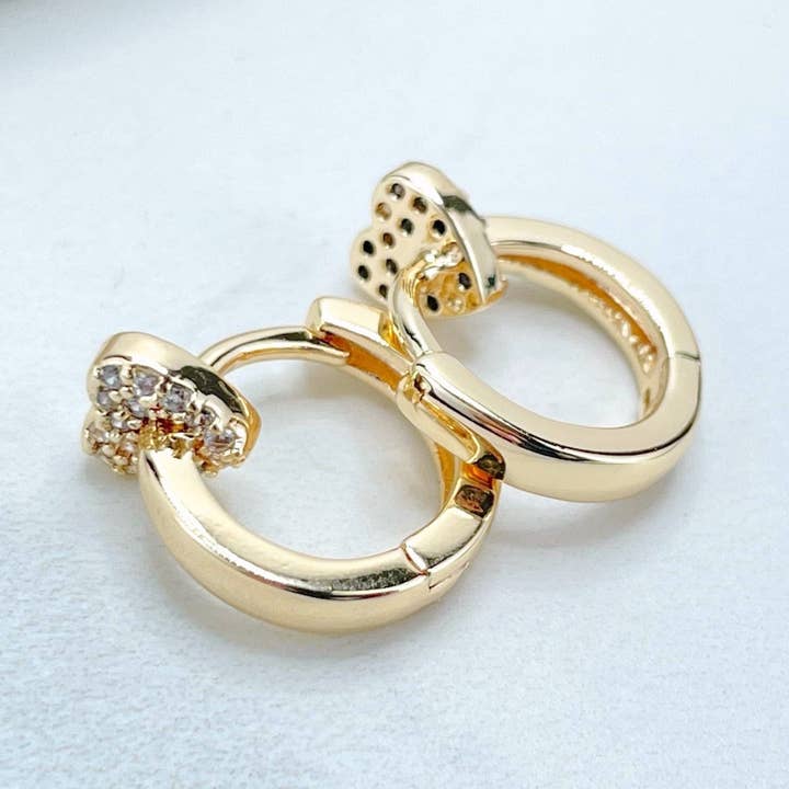 18k Gold Filled 13mm Huggie Earrings Micro CZ Heart Charm for wholesale by DIJU Jewelry