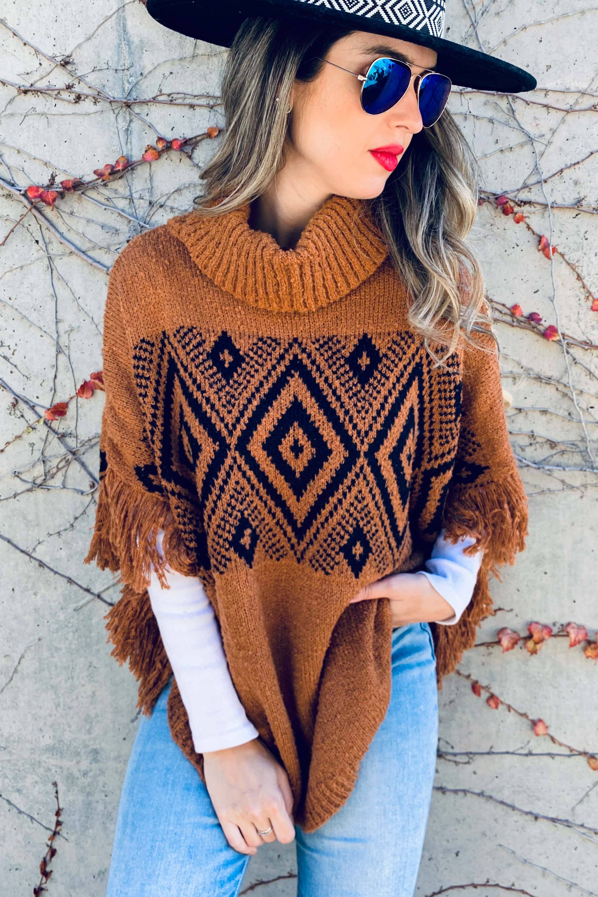 AMOLI - Wholesale Knit Sweater - Women's - Aztec Printed Turtleneck Fringe Light Weight Soft Poncho7