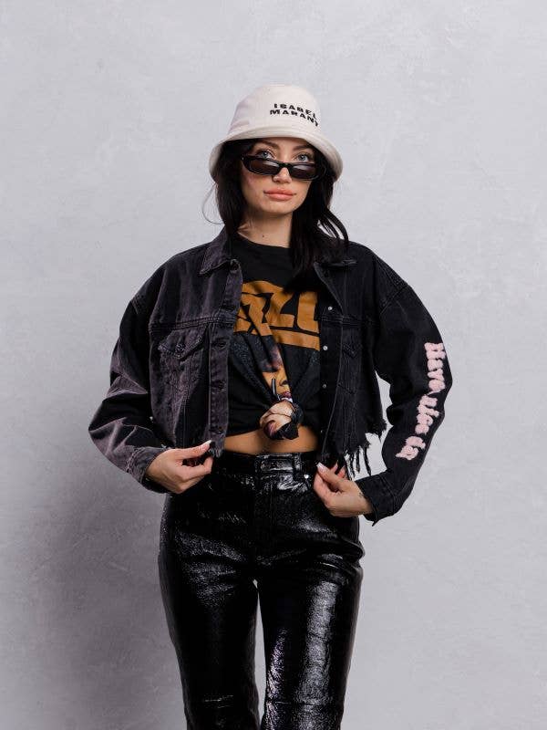 Trio Urban - Vente Veste en jean – femme - Veste courte en jean rose Smiley Face13