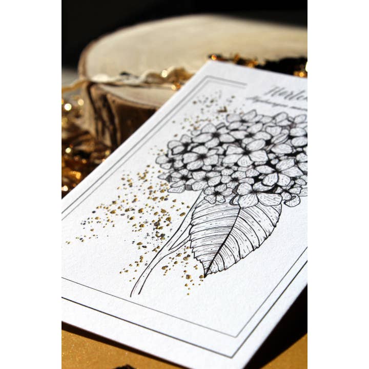 Au cœur des lunes - Vente Cartes postales - Reproduction botanique hortensia dorée et gravure