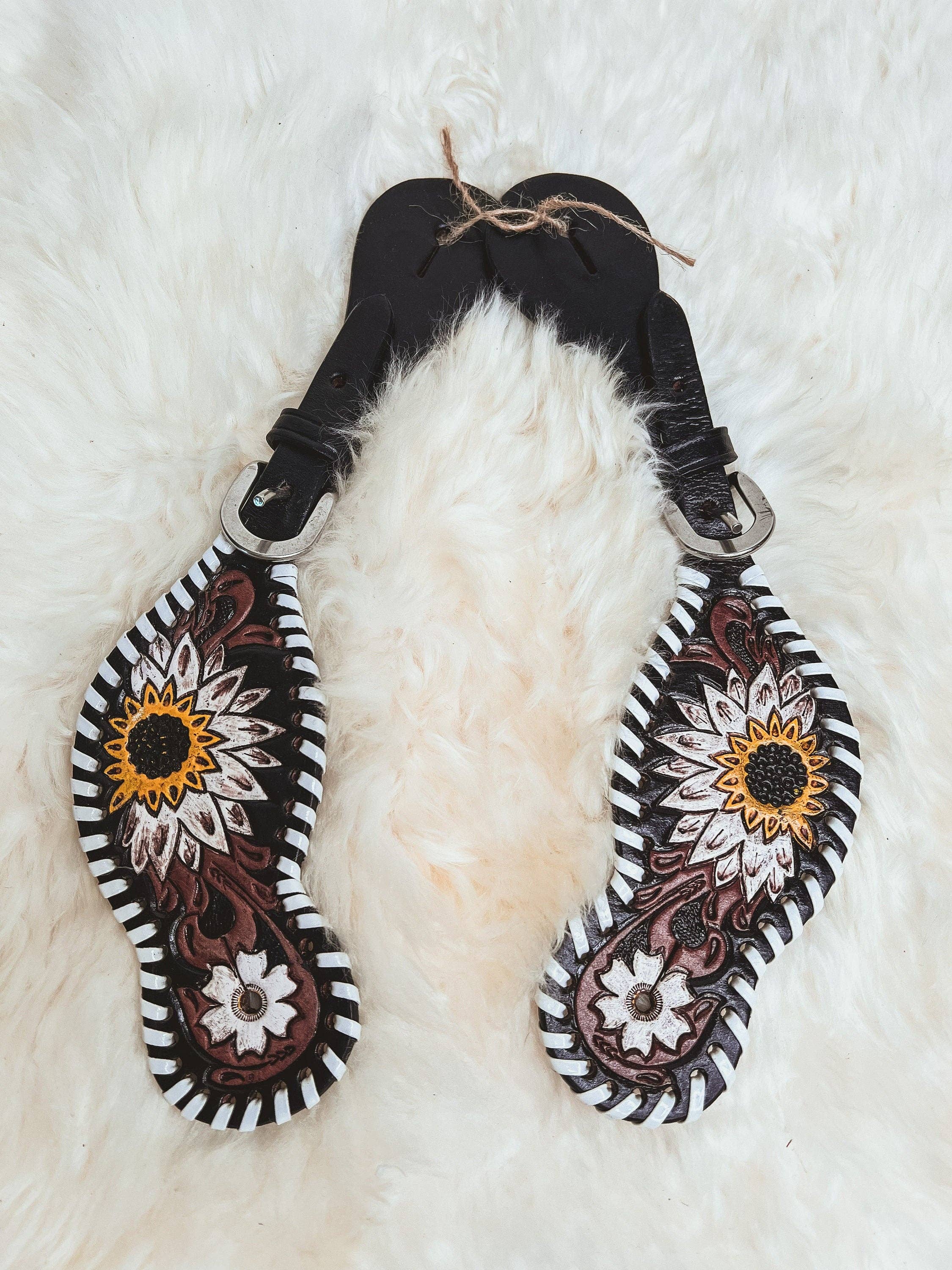 The Sterling Gypsy - Wholesale Horseback Riding Gear - Western Hand Tooled Leather Spur Straps Turquoise Flower White Daisy Horse Tack Cowgirl1