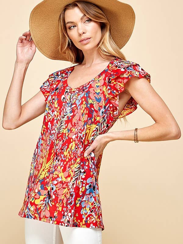 Red SPT5077-100PR WOMEN PLUS SIZE FLORAL V NECK RUFFLE TOP for wholesale on Faire