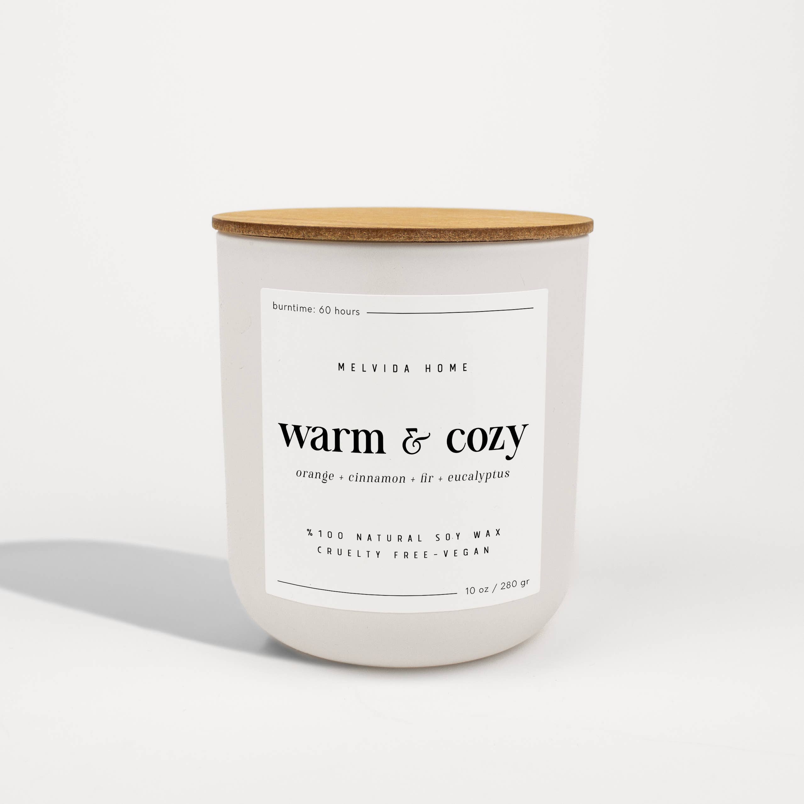 Melvida Home – wholesale Jar/filled candle – Warm & Cozy - 10 oz White Glass Soy Candle - Christmas Gift3