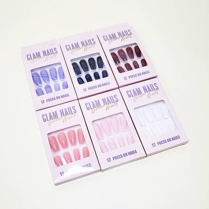 Assorted Color Glossy Coffin Shape Pre Glued Press On Nail Set for wholesale on Faire