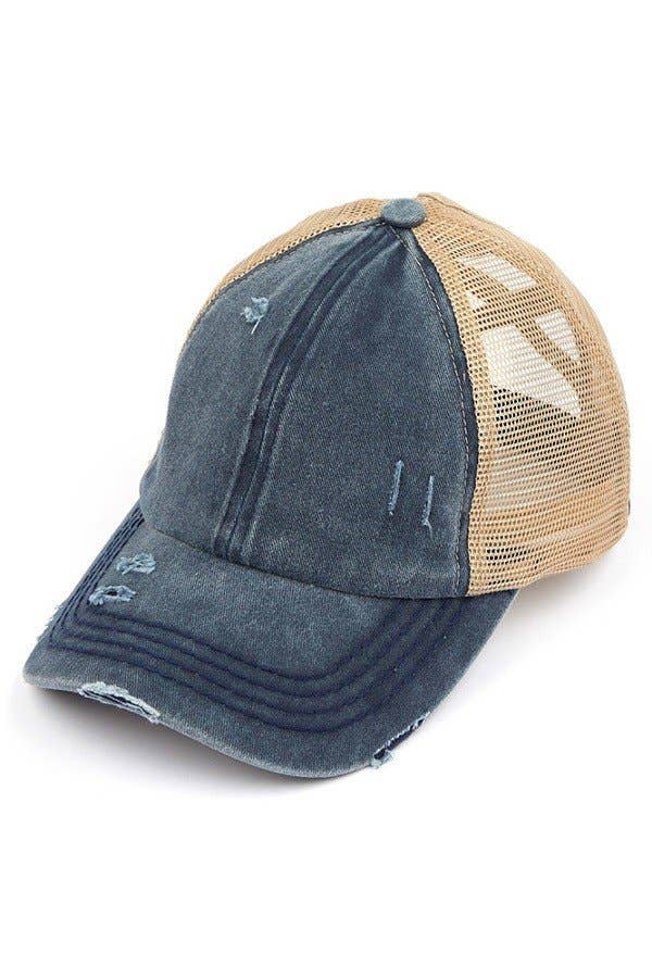 Hana - Wholesale Ponytail Cap - Women's - C.C Washed Denim with Crossed Elastic Band Mesh Pony Cap13