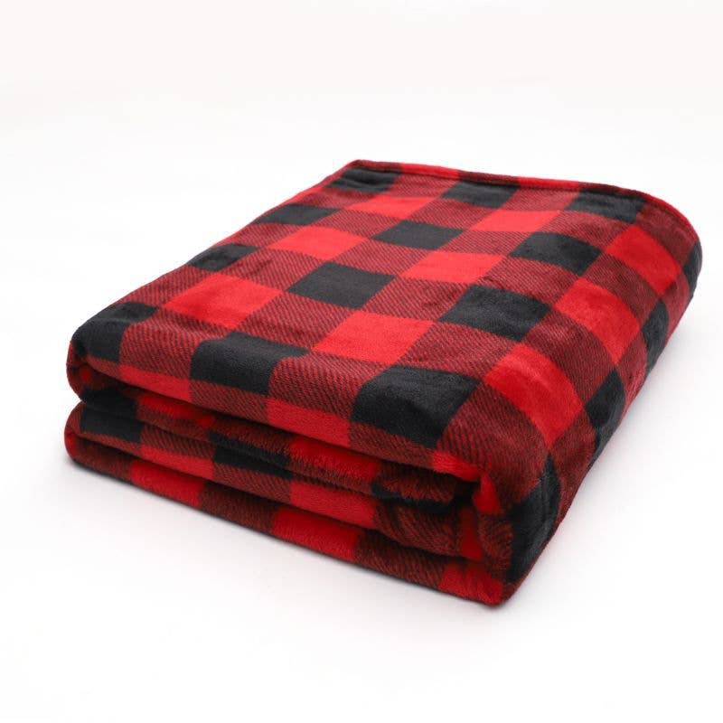 Classic black and red plaid fluffy fleece sofa throw blanket for wholesale on Faire4