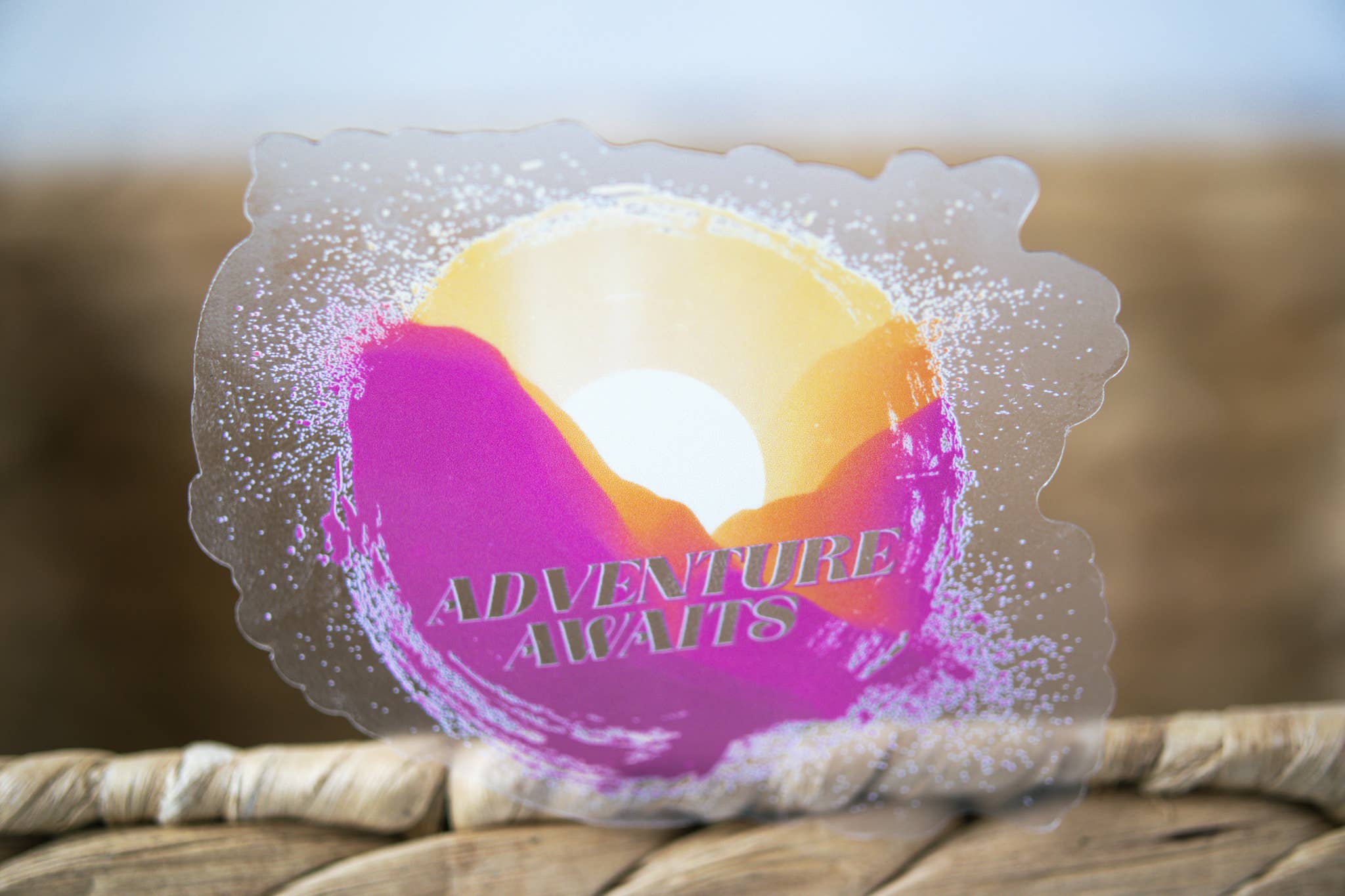 Savannah and James Co - Wholesale Sticker - Adventure Awaits, Sunset Clear Vinyl Sticker, 3in.3