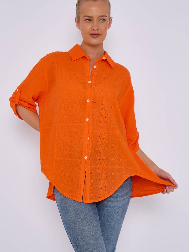 Miss Bold – wholesale Buttoned-down shirt – Women's – Italian Embroidered Cotton Button-Up Tunic Shirt with Rolled Sleeves9