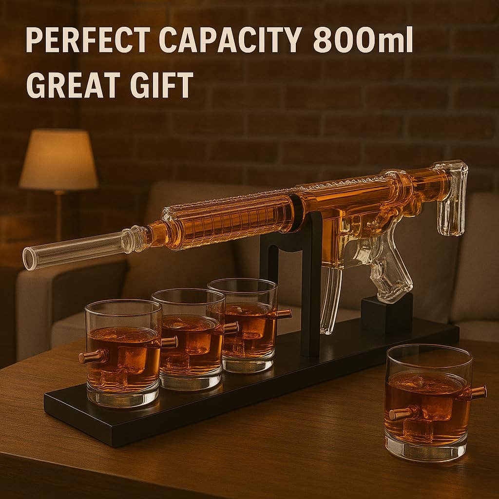 The Wine Savant /  Khen Glassware - Wholesale Decanter - AR15 Whiskey Gun Decanter Set 1000 ml & 4 Bullet Glasses4