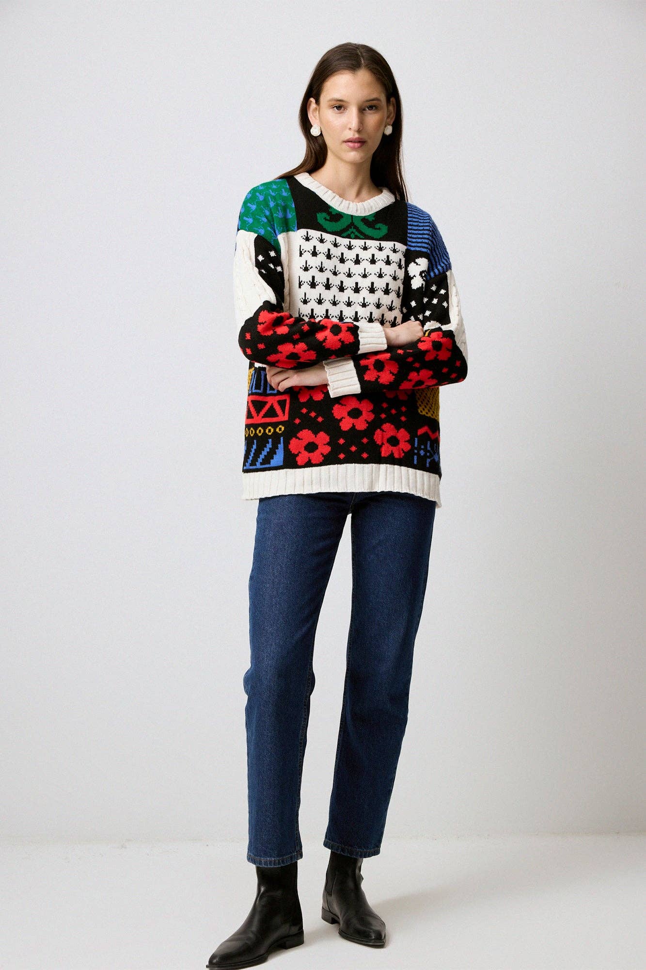 Colorblock Patchwork Patterned Knit Sweater for wholesale on Faire4