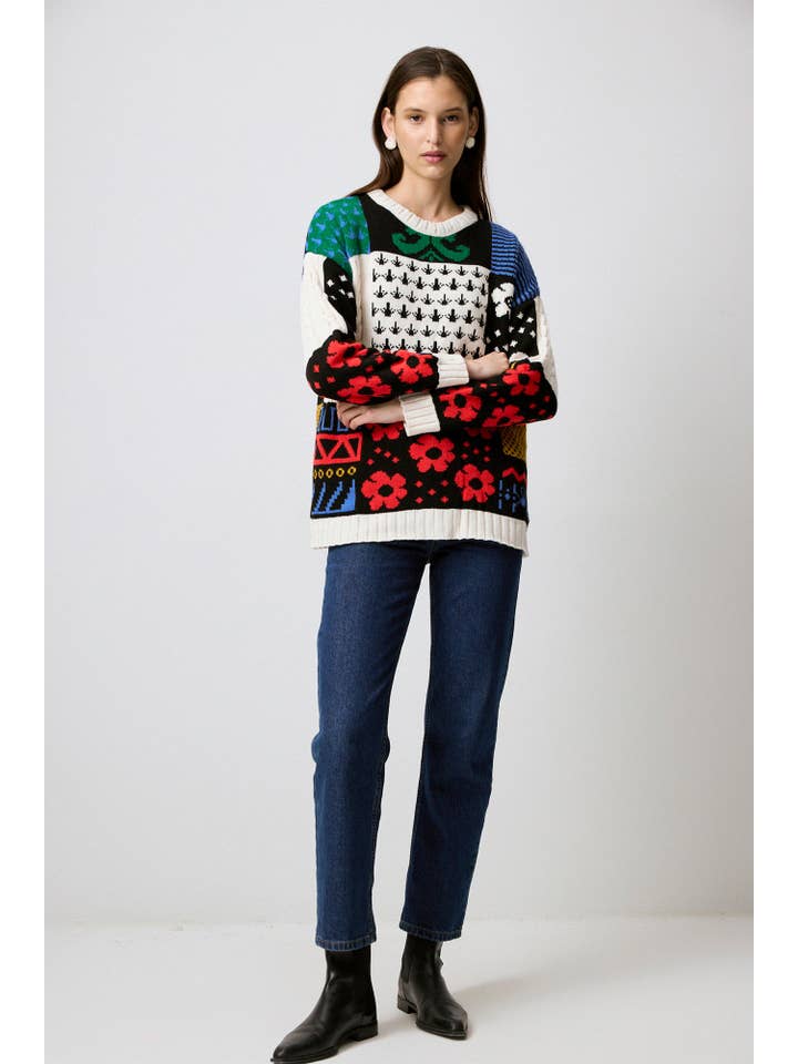 Colorblock Patchwork Patterned Knit Sweater for wholesale on Faire4