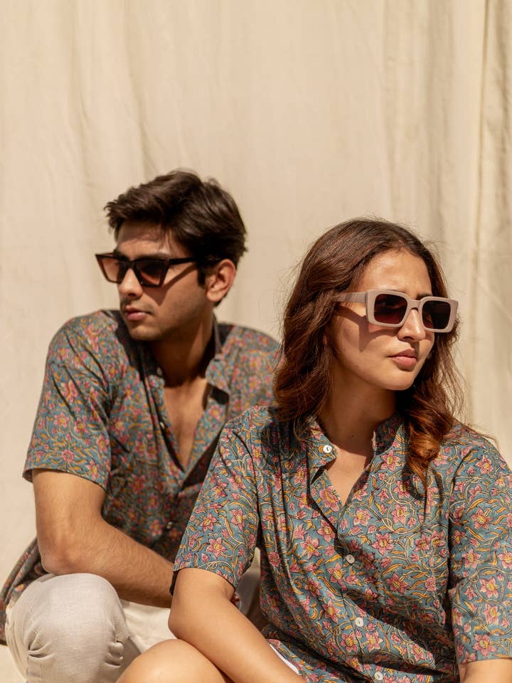 Carnations Handblock Printed Cotton Shirt for wholesale by Studio Kibun