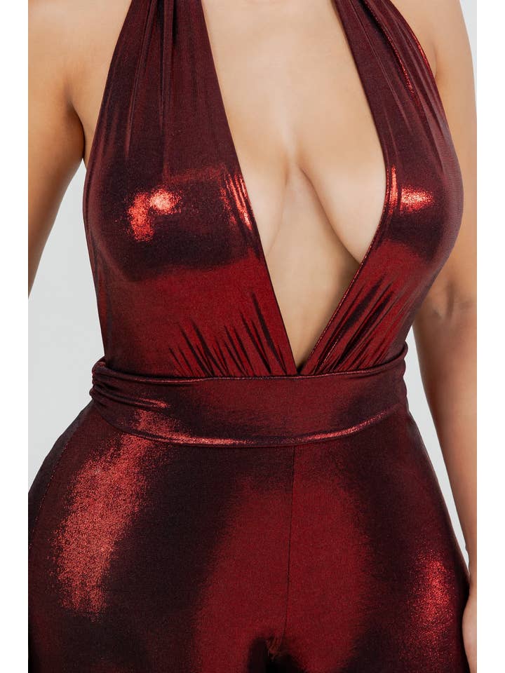 Uptown Apparel - Wholesale Jumpsuit - Women's - J8057 FOIL HALTER JUMPSUIT WITH TIE BACK1