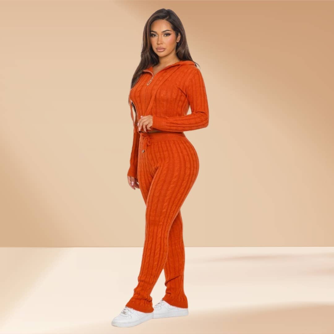 Celystrends - Wholesale Lounge Set - Women's - Cable Knit Pants Set Hooded Sweater1